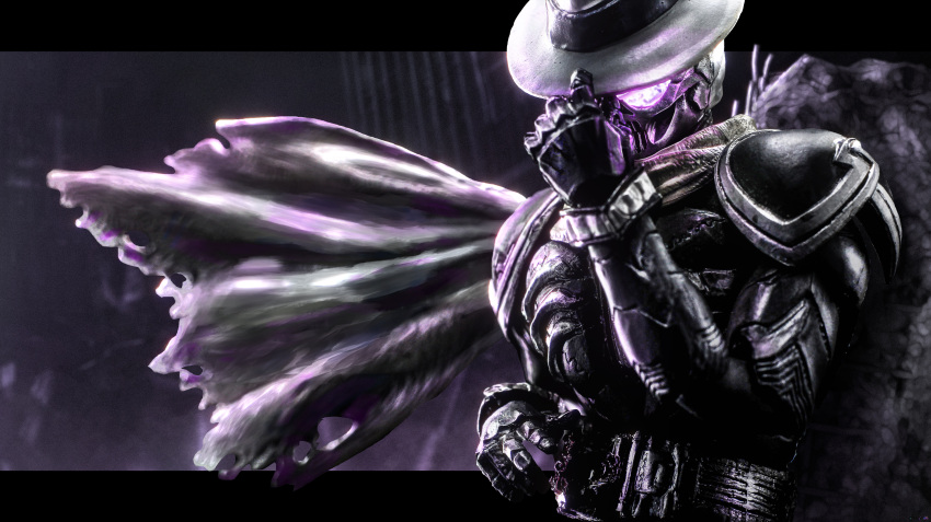 1boy, absurdres, armor, belt, building, commentary, dark, fedora, glowing, glowing_eyes, hat, hat_tip, helmet, highres, kamen_rider, kamen_rider_skull, kamen_rider_w, letterboxed, looking_at_viewer, love894anon, mask, night, rider_belt, rock, scarf, shoulder_armor, skull_mask, solo, tokusatsu, torn_clothes, torn_scarf, violet_eyes, white_hat, white_scarf