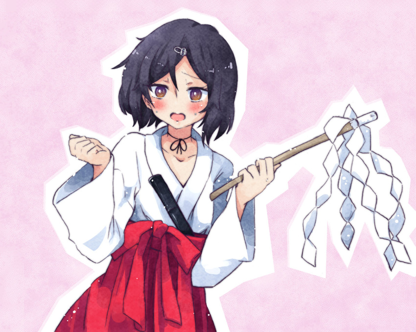 bad_id, black_hair, blush, bow, futaru_usagi, gohei, hair_ornament, hairclip
