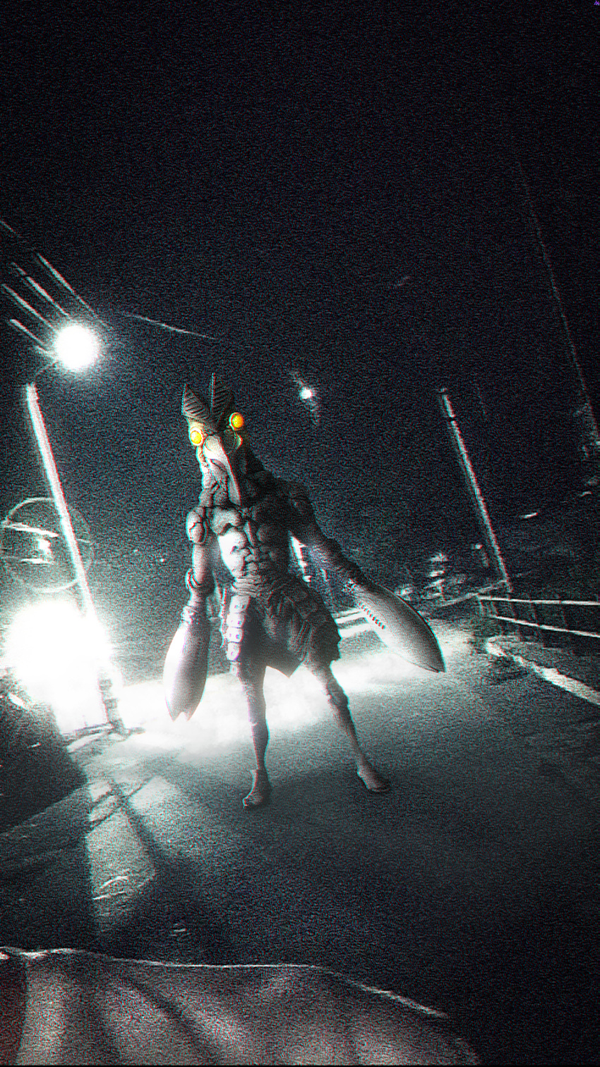 1boy, 1other, absurdres, adversarial_noise, alien, arms_at_sides, baltan_seijin, colored_skin