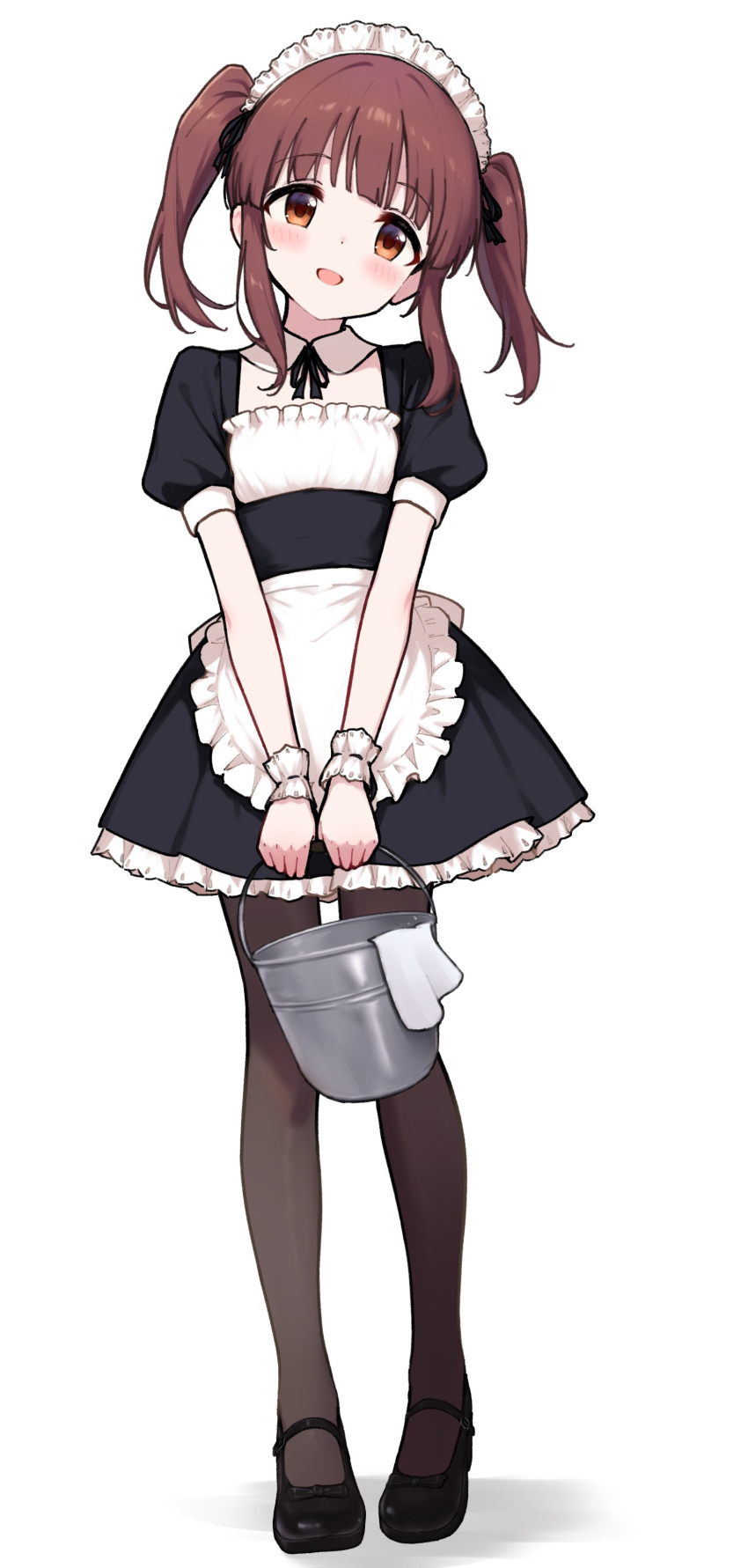 1girl, absurdres, alternate_costume, apron, black_dress, black_ribbon, black_shoes, blunt_bangs