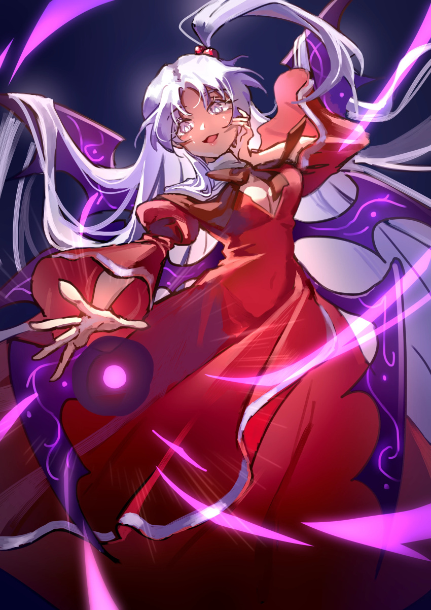 1girl, absurdres, chinese_commentary, commentary_request, dress, grey_eyes, grey_hair, hair_bobbles, hair_ornament, hand_on_own_cheek, hand_on_own_face, highres, incoming_attack, long_hair, long_sleeves, looking_at_viewer, multiple_wings, one_side_up, open_mouth, powering_up, purple_wings, red_dress, shinki_(touhou), shouxishao_jiuyuan, smile, solo, touhou, touhou_(pc-98), very_long_hair, wide_sleeves, wings