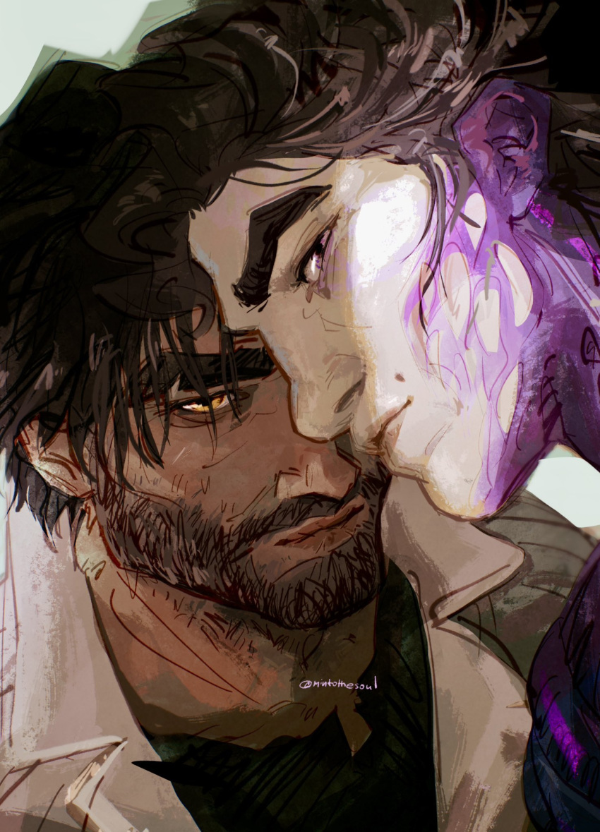 2boys, arcane:_league_of_legends, arcane_survivor_jayce, beard, black_shirt, brown_hair, facial_hair, hashtag-only_commentary