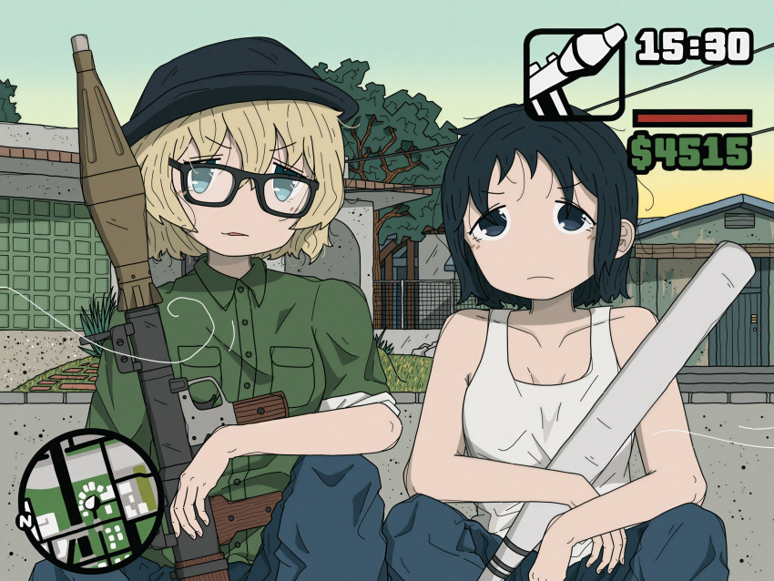 2girls, alternate_costume, baseball_bat, big_smoke, big_smoke_(cosplay), black_eyes, black_hat, blue_eyes