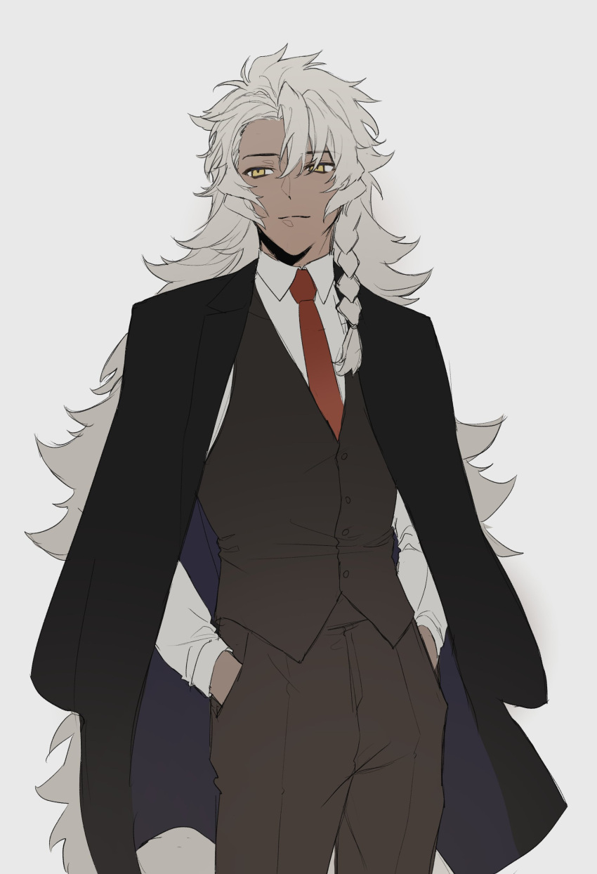 1boy, absurdres, braid, brown_pants, collared_shirt, commentary_request, cowboy_shot, dark-skinned_male