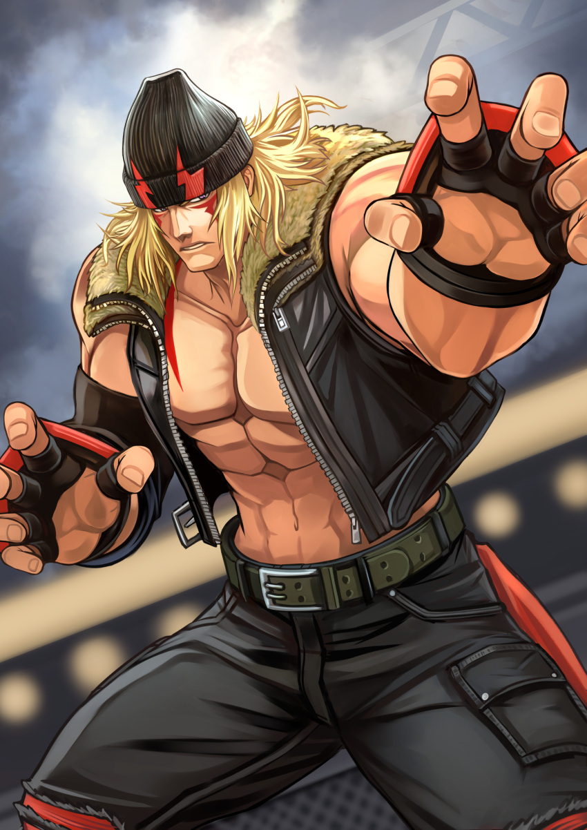 1boy, abs, alex_(street_fighter), arms_up, bare_pectorals, bare_shoulders, belt, belt_buckle