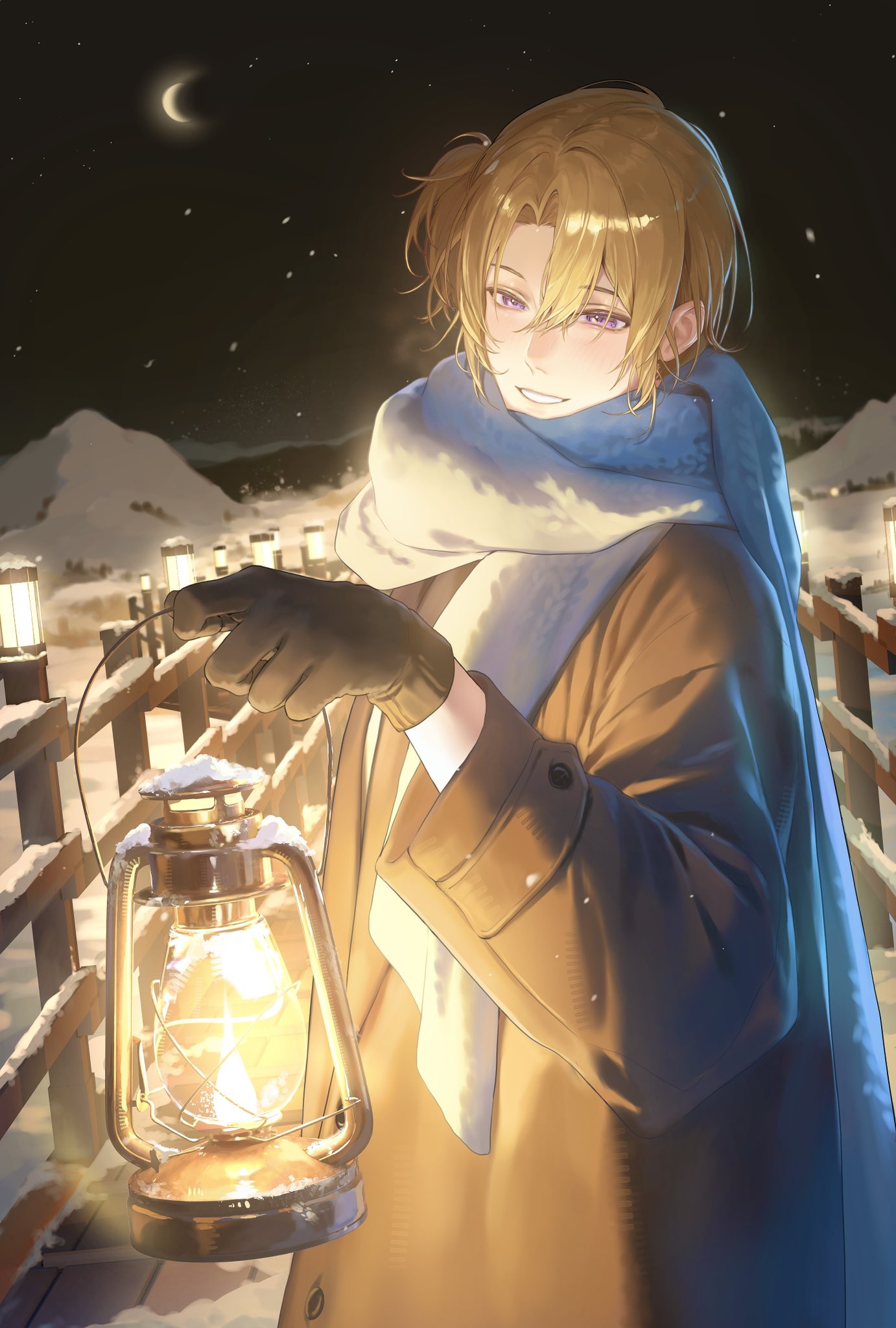1boy, alternate_costume, black_gloves, blonde_hair, brown_coat, coat, commentary, crescent_moon