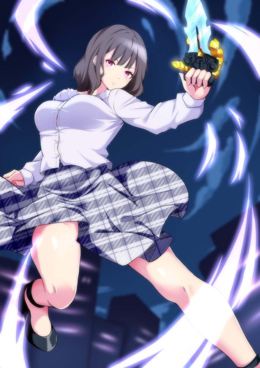 1girl, absurdres, black_hair, blurry, blurry_background, breasts, building, commentary