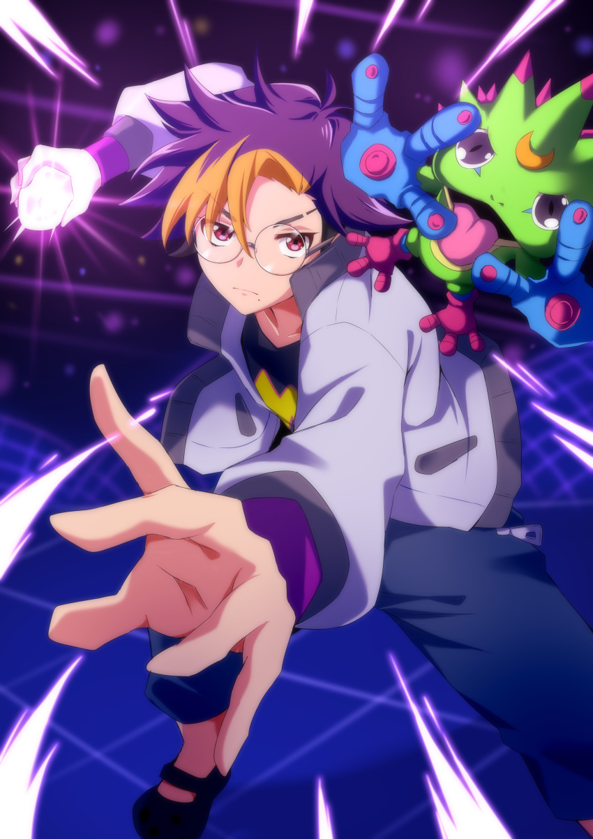 1boy, absurdres, black_shirt, blonde_hair, blue_hair, blue_pants, commentary_request, digimon