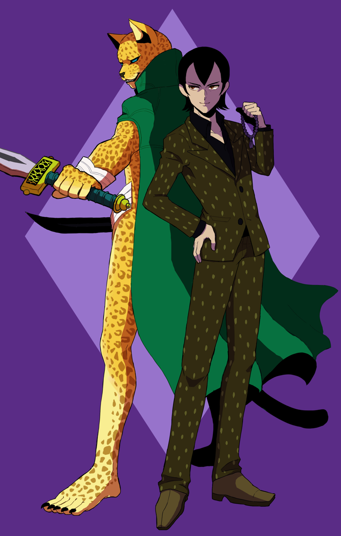 2boys, aqua_eyes, argyle_background, back-to-back, barefoot, black_hair, black_shirt, brown_eyes