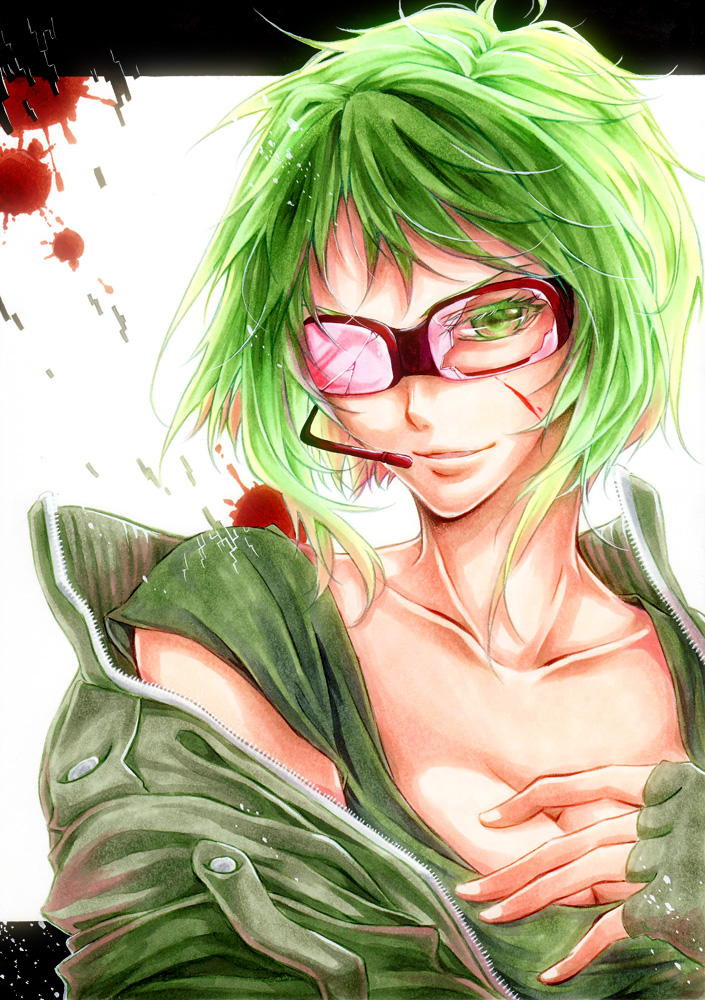 bokura_no_16bit_warz_(vocaloid), breasts, broken_glass, cleavage, collarbone, glass, goggles, green_eyes, green_hair, gumi, headset, letterboxed, satoru0612, short_hair, smile, unzipped, vocaloid