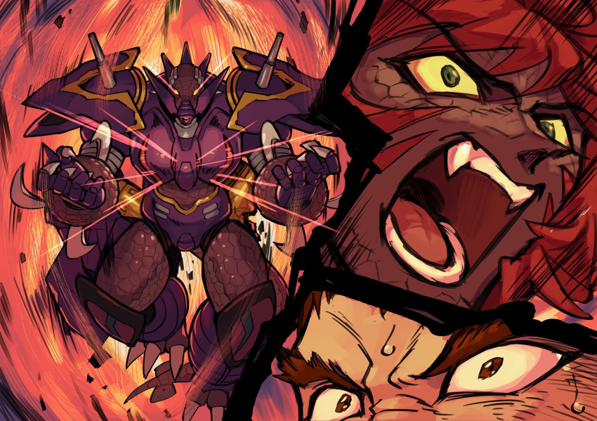 2boys, arm_blade, armor, aura, blue_armor, claws, colored_sclera, cut-in, dinosaur_boy, eye_focus, fanfiction_available, fangs, getter_robo, getter_robo_arc, gettersaurus, glowing, glowing_eye, green_eyes, hanahiyo_(hoimin), hands_up, highres, male_focus, mecha, mecha_focus, multiple_boys, nagare_takuma, open_mouth, powering_up, red_hair, reptile_boy, robot, scales, short_hair, split_screen, super_robot, super_robot_wars, sweat, tail, teeth, thick_eyebrows, v-shaped_eyebrows, vise_(getter_robo), weapon, yellow_sclera