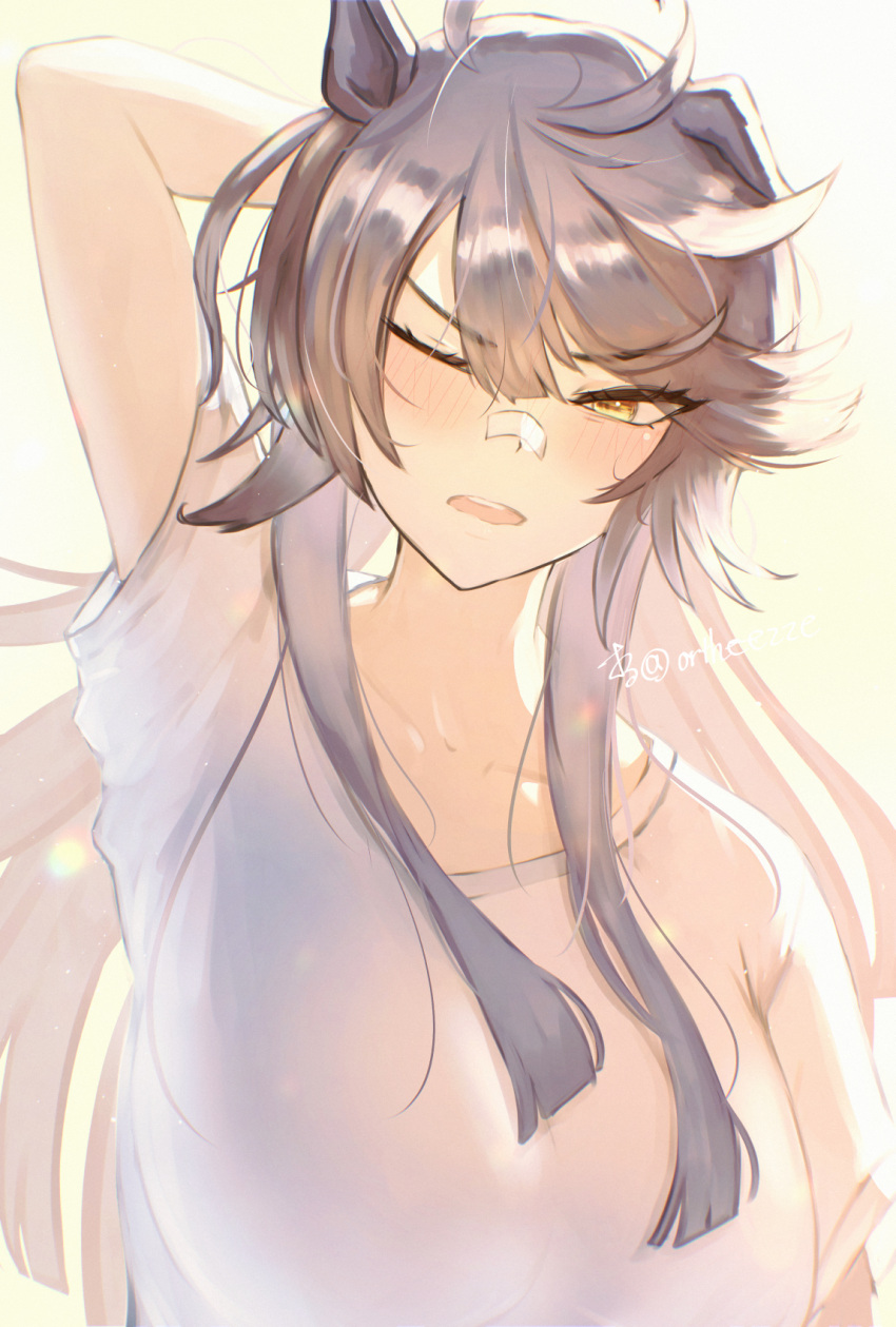 1girl, animal_ears, arm_behind_head, bandaid, bandaid_on_face, bandaid_on_nose, black_hair, blush