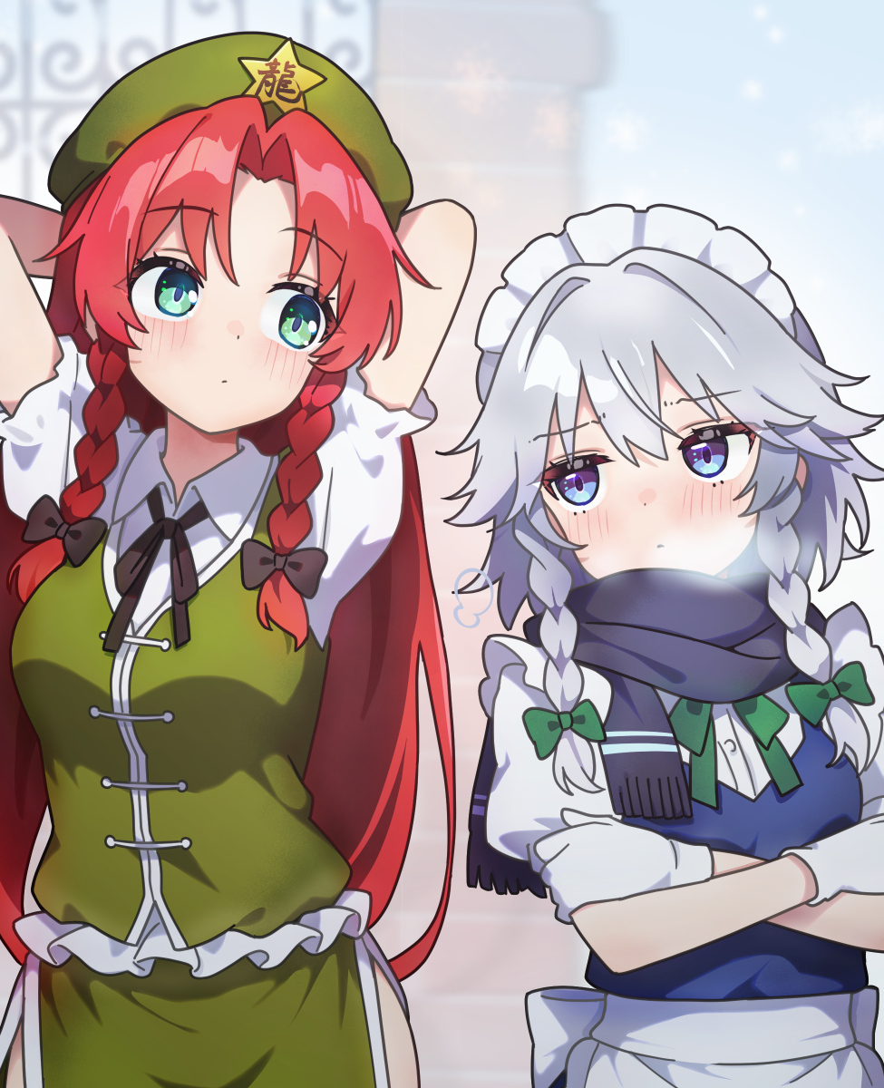 2girls, apron, arms_up, beret, blue_dress, blue_eyes, blush, bow