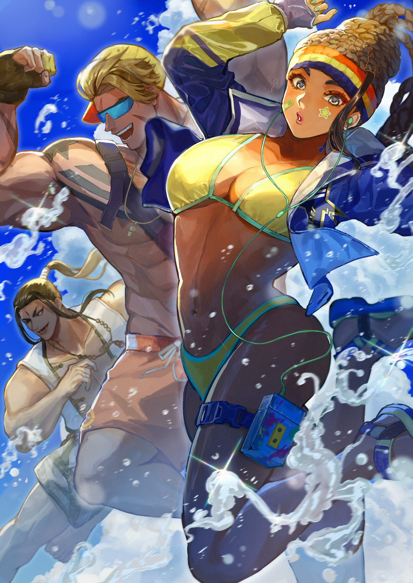 1girl, 2boys, absurdres, bandaid, bikini, blue_jacket, breasts, collarbone