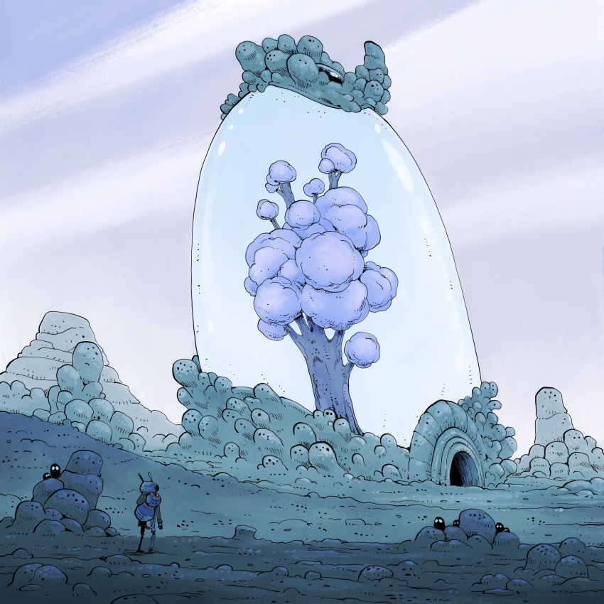 1boy, absurdres, antennae, backpack, bag, blue_sky, blue_theme, commentary
