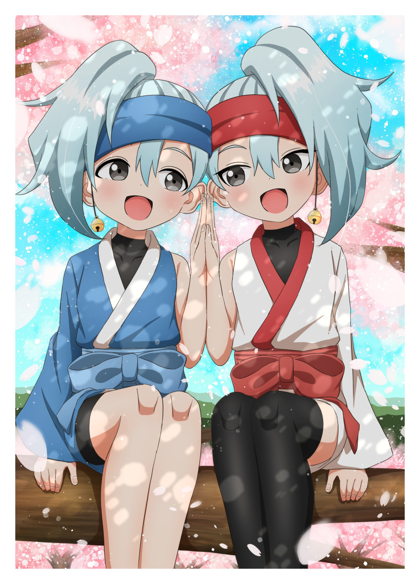 1girl, 2girls, absurdres, bare_legs, black_hair, blue_hair, commentary_request, headband