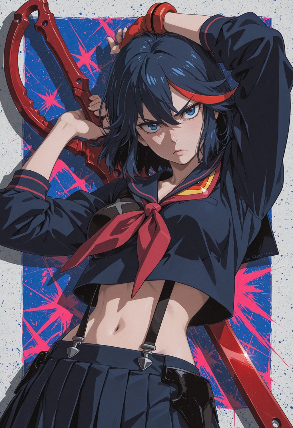 1girl, ai-generated, arms_up, blue_eyes, cropped_jacket, dynamic_pose, gloves, hair_between_eyes