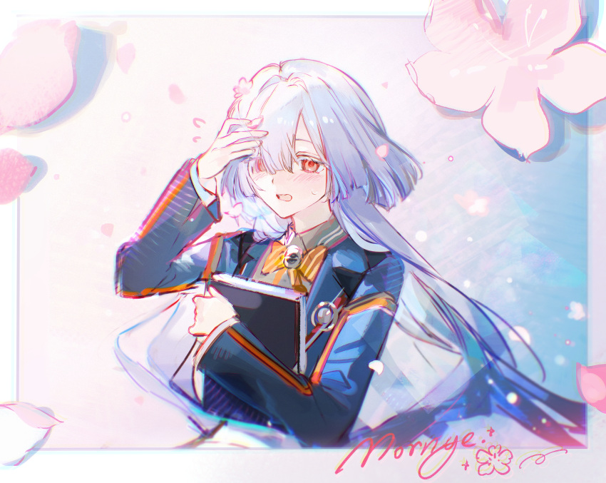 1girl, blue_jacket, bow, bowtie, character_signature, chinese_commentary, chromatic_aberration, colored_eyelashes