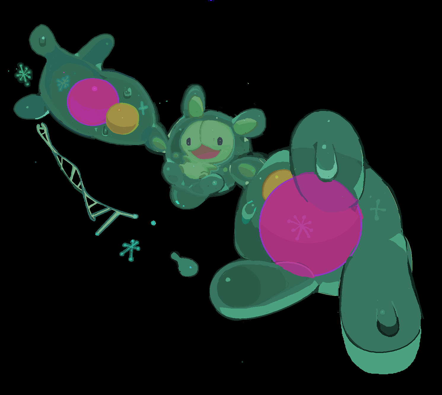 black_background, colored_skin, dna, green_skin, highres, momopatchi, orb, pokemon
