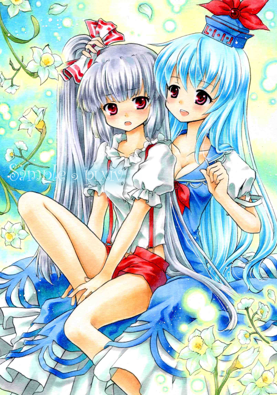 adapted_costume, alternate_hairstyle, bangs, bare_legs, blue_hair, blunt_bangs, blush, bow