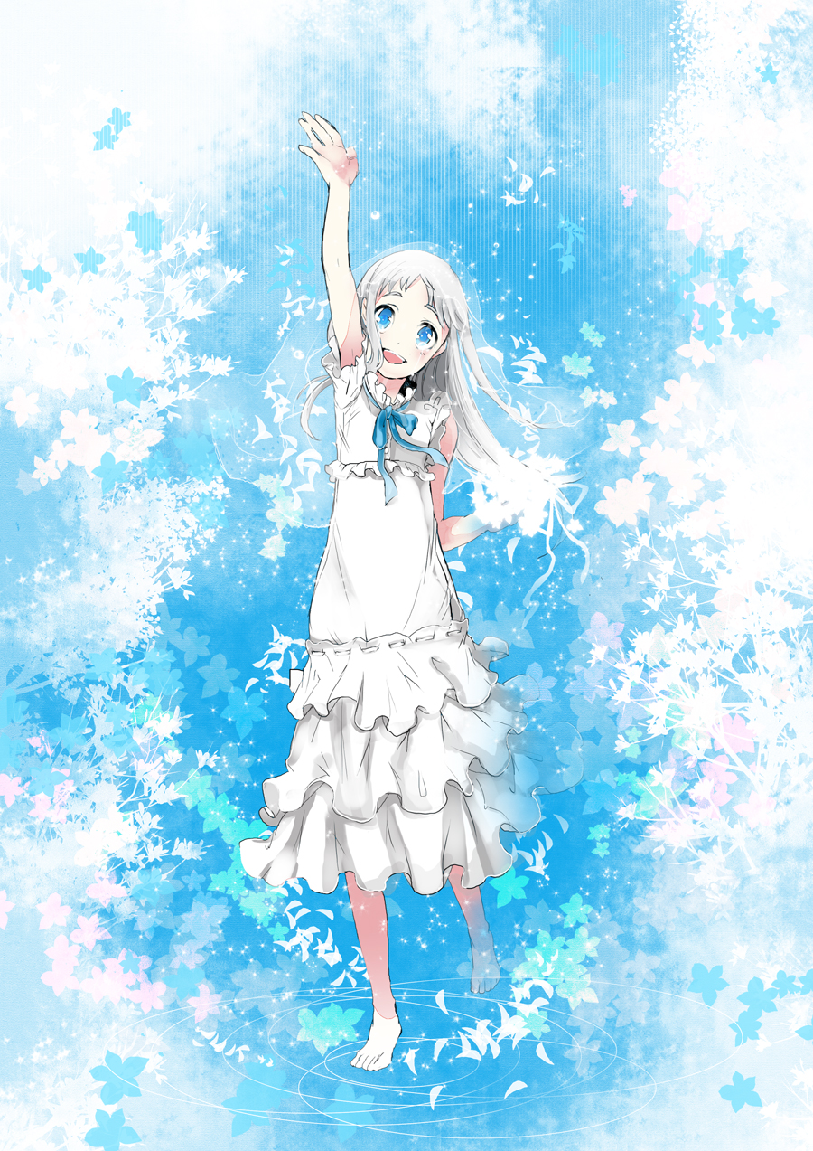 bad_id, barefoot, blue_eyes, dress, flower, highres, honma_meiko, koto2