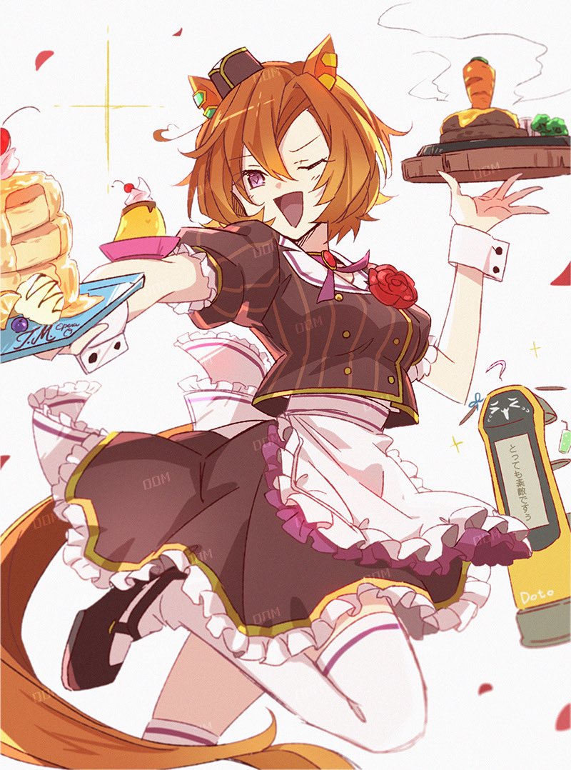 1girl, animal_ears, apron, breasts, broccoli, brown_shirt, brown_skirt, carrot_hamburger_steak, coco's, commentary, domdam80, ear_ornament, flower, food, hair_between_eyes, hat, holding, holding_food, holding_plate, horse_ears, horse_girl, horse_tail, kettybot, looking_at_viewer, medium_breasts, neckerchief, one_eye_closed, open_mouth, orange_hair, orange_tail, pancake, pancake_stack, pink_neckerchief, plate, puffy_short_sleeves, puffy_sleeves, red_flower, red_rose, robot, rose, shirt, shoes, short_hair, short_sleeves, skirt, smile, solo, steaming_food, symbol-only_commentary, t.m._opera_o_(umamusume), tail, thigh-highs, umamusume, violet_eyes, waist_apron, white_apron, white_thighhighs, white_wrist_cuffs, wrist_cuffs