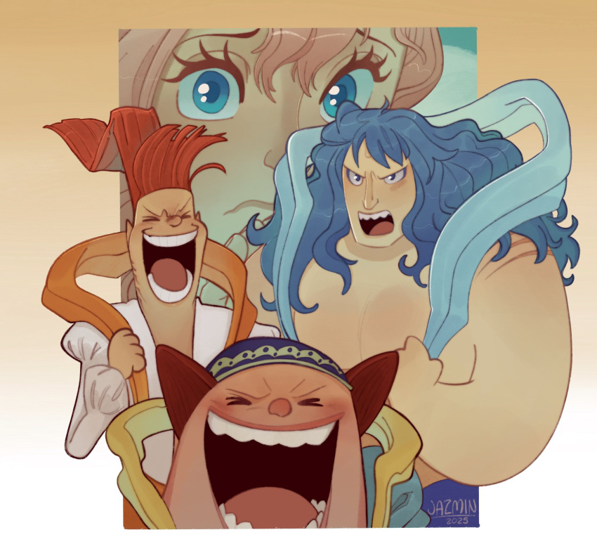 >_<, 1girl, 3boys, aged_down, blue_eyes, blue_hair, brother_and_sister, commentary
