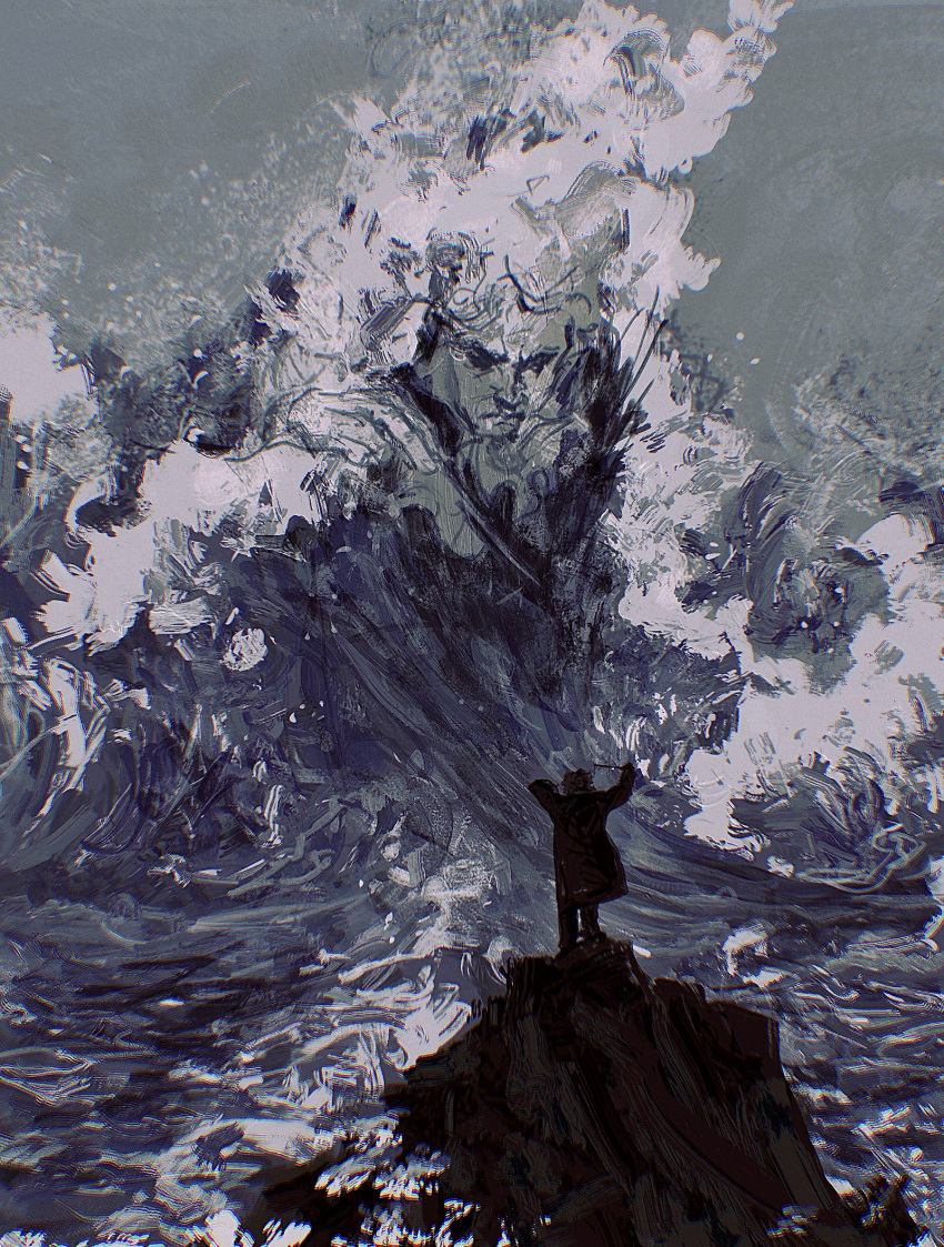 1boy, arms_up, black_coat, black_hair, cliff, coat, from_behind, full_body