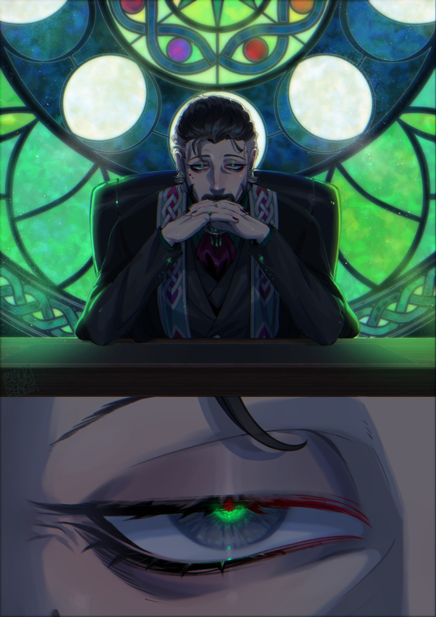 1boy, beard, black_hair, blackberreh-art, close-up, commentary, crow's_feet, design_speculation