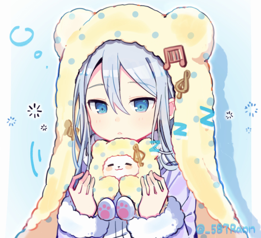 1girl, :3, animal, bear_hat, blue_background, blue_eyes, blue_hair, chestnut_mouth, chinese_commentary, cohana, commentary_request, double-parted_bangs, drop_shadow, expressionless, fur-trimmed_jacket, fur-trimmed_sleeves, fur_hat, fur_trim, hair_between_eyes, hands_up, hat, hat_ornament, holding, holding_animal, jacket, long_hair, long_sleeves, looking_at_animal, looking_down, musical_note_hat_ornament, outline, outside_border, pillarboxed, polka_dot_headwear, project_sekai, puffy_long_sleeves, puffy_sleeves, purple_jacket, sidelocks, simple_background, solo, squeans, straight_hair, tsurime, twitter_username, upper_body, white_outline, yellow_hat, yoisaki_kanade, zzz