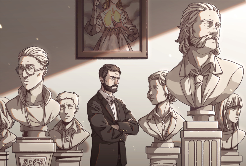1boy, beard, black_coat, black_hair, bust_(sculpture), character_request, coat, collared_shirt