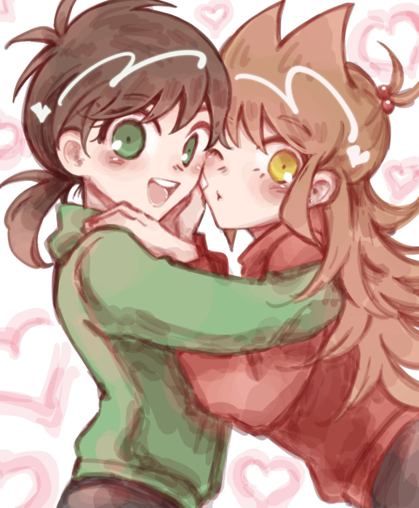 2girls, :d, animification, antenna_hair, bandage_on_cheek, blush, brown_hair, cheek-to-cheek