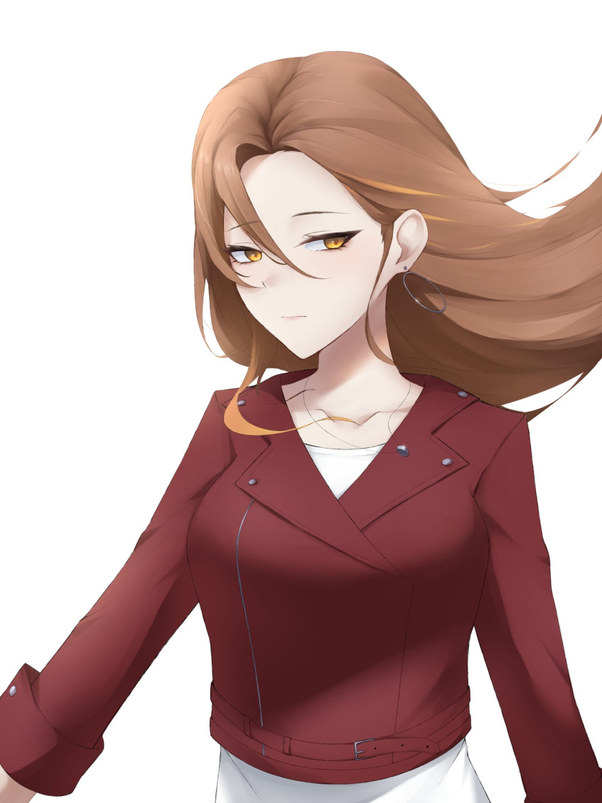 1girl, breasts, brown_eyes, brown_hair, collarbone, digimon, digimon_seekers, earrings