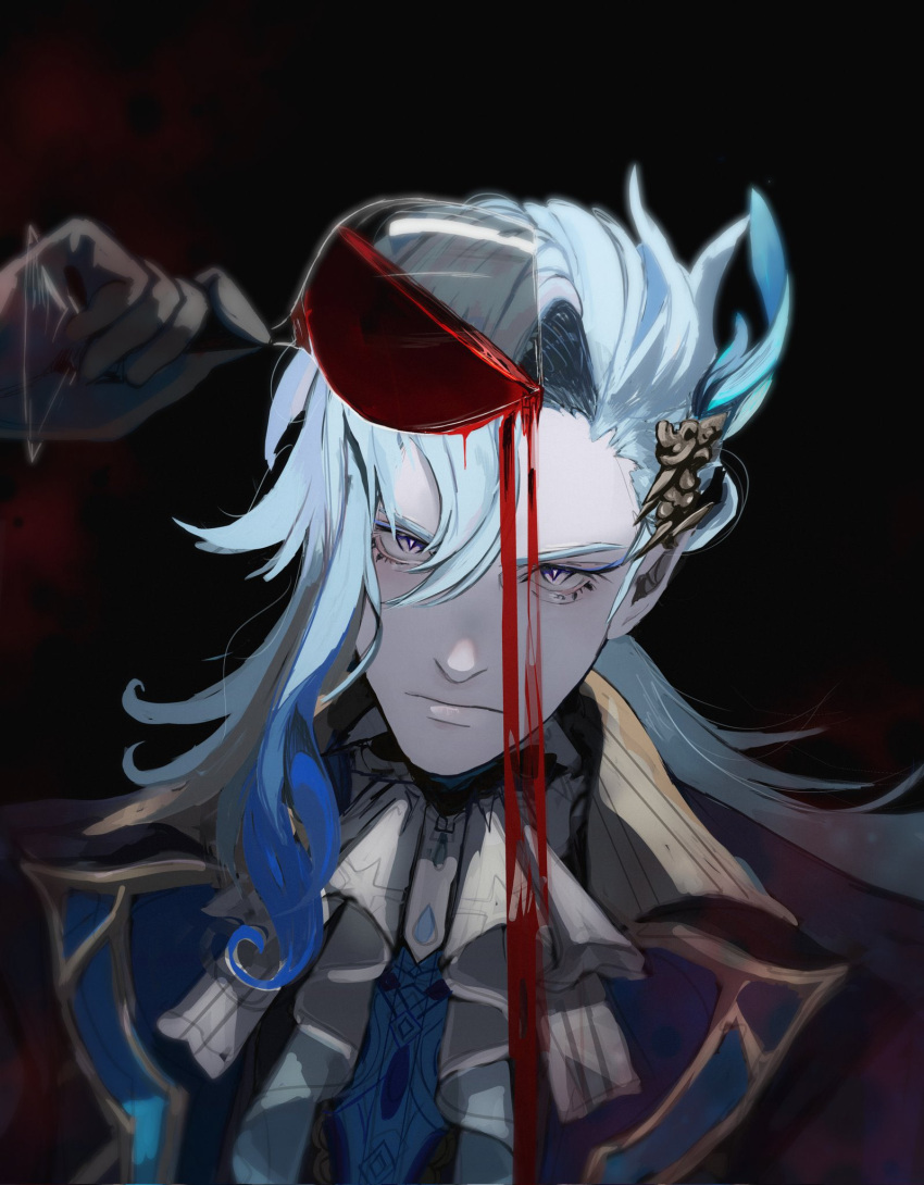 1boy, blue_eyeliner, blue_hair, closed_mouth, commentary, cup, drinking_glass, english_commentary