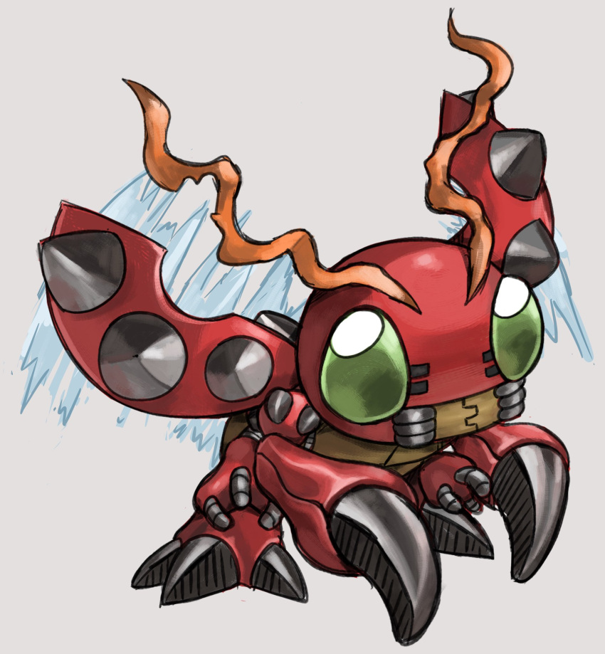 bug, commentary, digimon, digimon_(creature), full_body, green_eyes, grey_background, highres