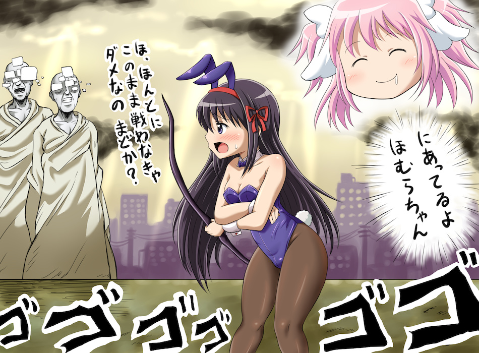 akemi_homura, alternate_costume, alternate_hairstyle, animal_ears, bald, bare_shoulders, black_hair, blush