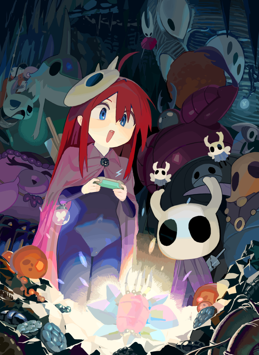 blue_eyes, boon_(hollow_knight), character_request, cloak, commentary, cornifer, english_commentary, highres