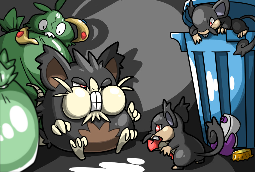 alolan_raticate, alolan_rattata, apple, apple_core, bottle_cap, bright_pupils, commentary_request, eating
