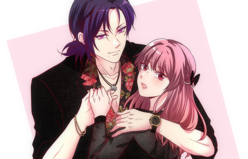 1boy, 1girl, alternate_design, arthur_morante, black_bow, bow, bracelet, closed_mouth