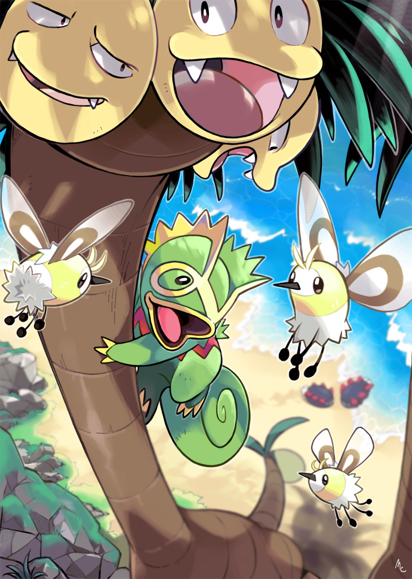alolan_exeggutor, bright_pupils, brown_eyes, climbing_tree, commentary_request, cutiefly, day, fangs