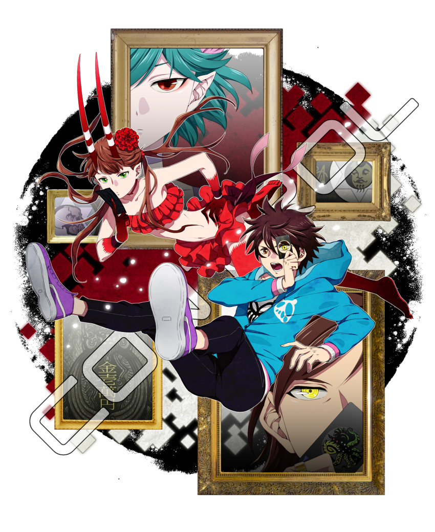 antlers, ar_(rikuesuto), bare_shoulders, blue_hair, bob_cut, brown_hair, c_(control), c_the_money_of_soul_and_possibility_control