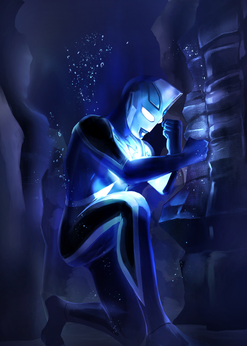 1boy, absurdres, alien, armor, black_skin, blue_gem, blue_skin, breastplate