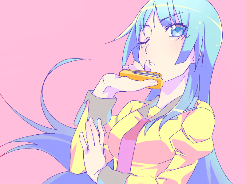 1girl, bakemonogatari, blue_eyes, blue_hair, blush, breasts, collared_shirt, commentary, hand_up, holding_stapler, juliet_sleeves, long_hair, long_sleeves, looking_at_viewer, medium_breasts, monogatari_(series), mugi_(mugio_18), naoetsu_high_school_uniform, necktie, one_eye_closed, pink_background, pink_necktie, puffy_sleeves, school_uniform, senjougahara_hitagi, shadow, shirt, simple_background, solo, upper_body, very_long_hair, yellow_shirt