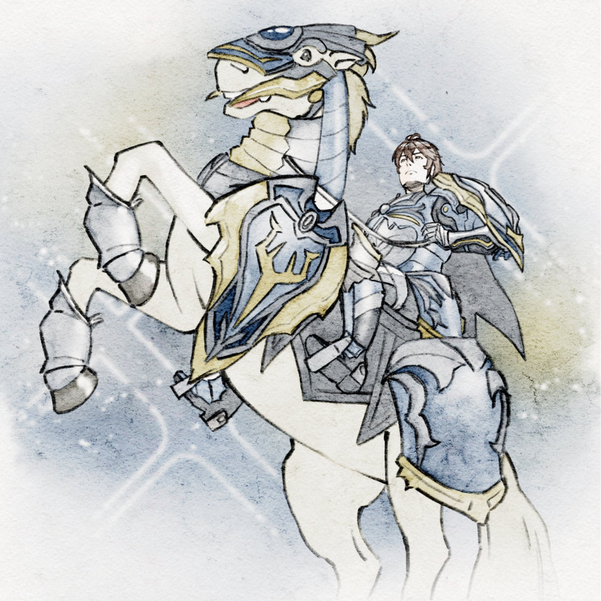 1boy, 1other, armor, barding, blue_armor, brown_hair, commentary, english_commentary