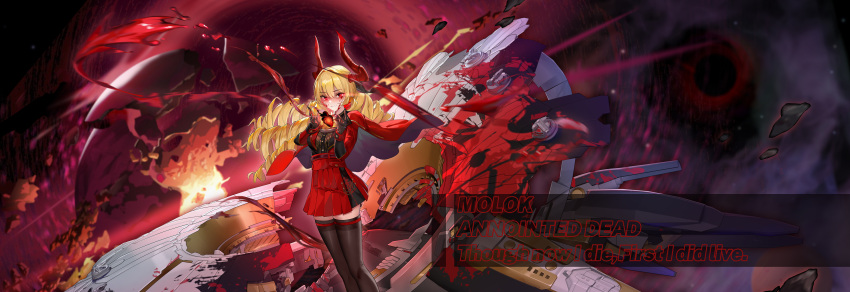 1girl, absurdres, black_gloves, black_thighhighs, blonde_hair, blood, blood_on_face, cape