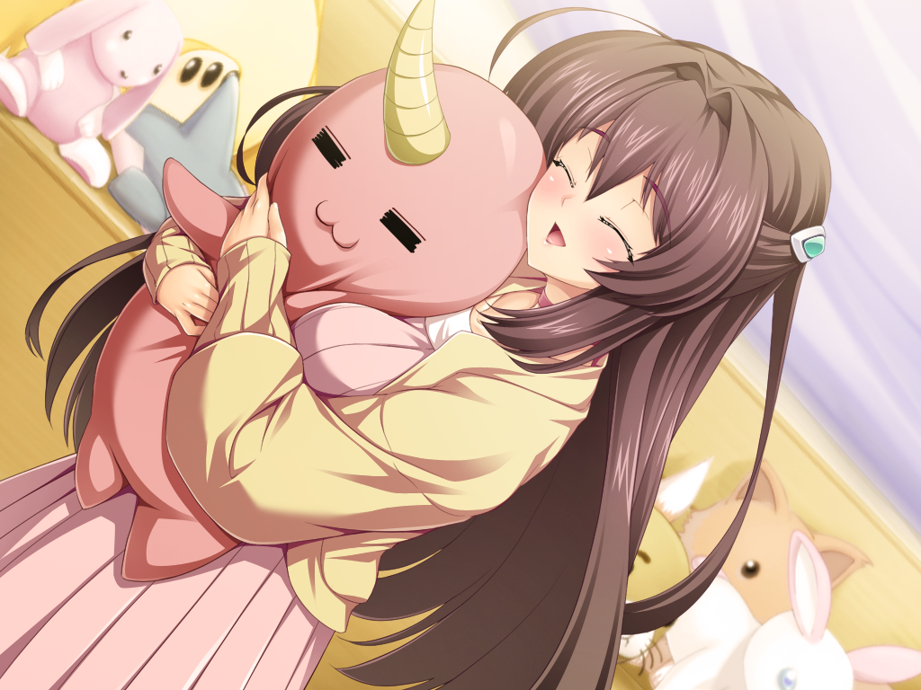 1girl, :3, =_=, ^_^, blush, breasts, brown_hair, casual