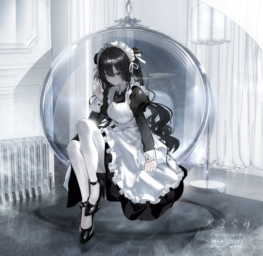 1girl, apron, ball_chair, black_dress, black_hair, black_shoes, breasts, closed_mouth