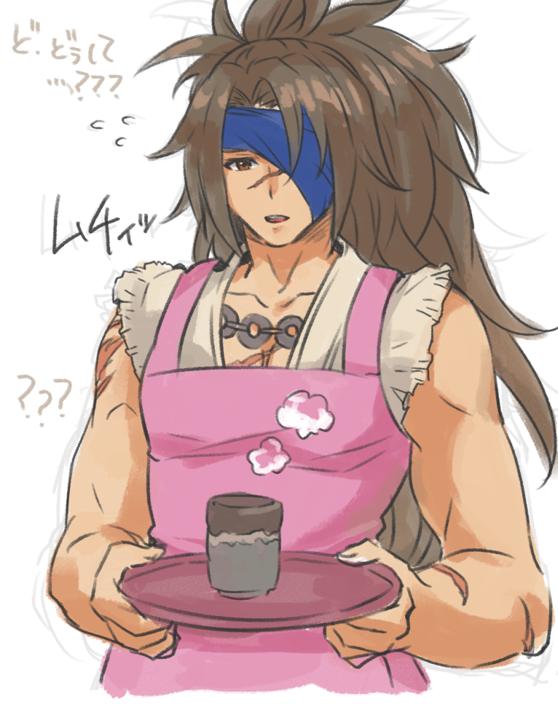 1boy, apron, blue_headband, brown_hair, commentary_request, headband, hisui_(paingumi), japanese_clothes