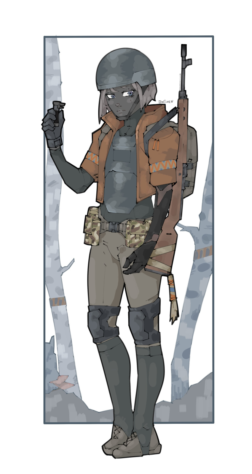 1girl, absurdres, ammunition_pouch, backpack, bag, belt, bodysuit, border