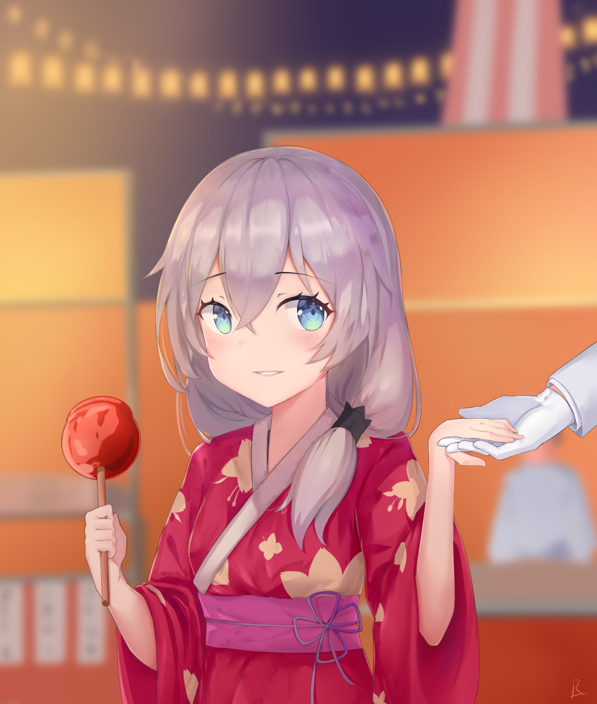 1boy, 1girl, absurdres, blue_eyes, blurry, blurry_background, candy_apple, captain_(honkai_impact)